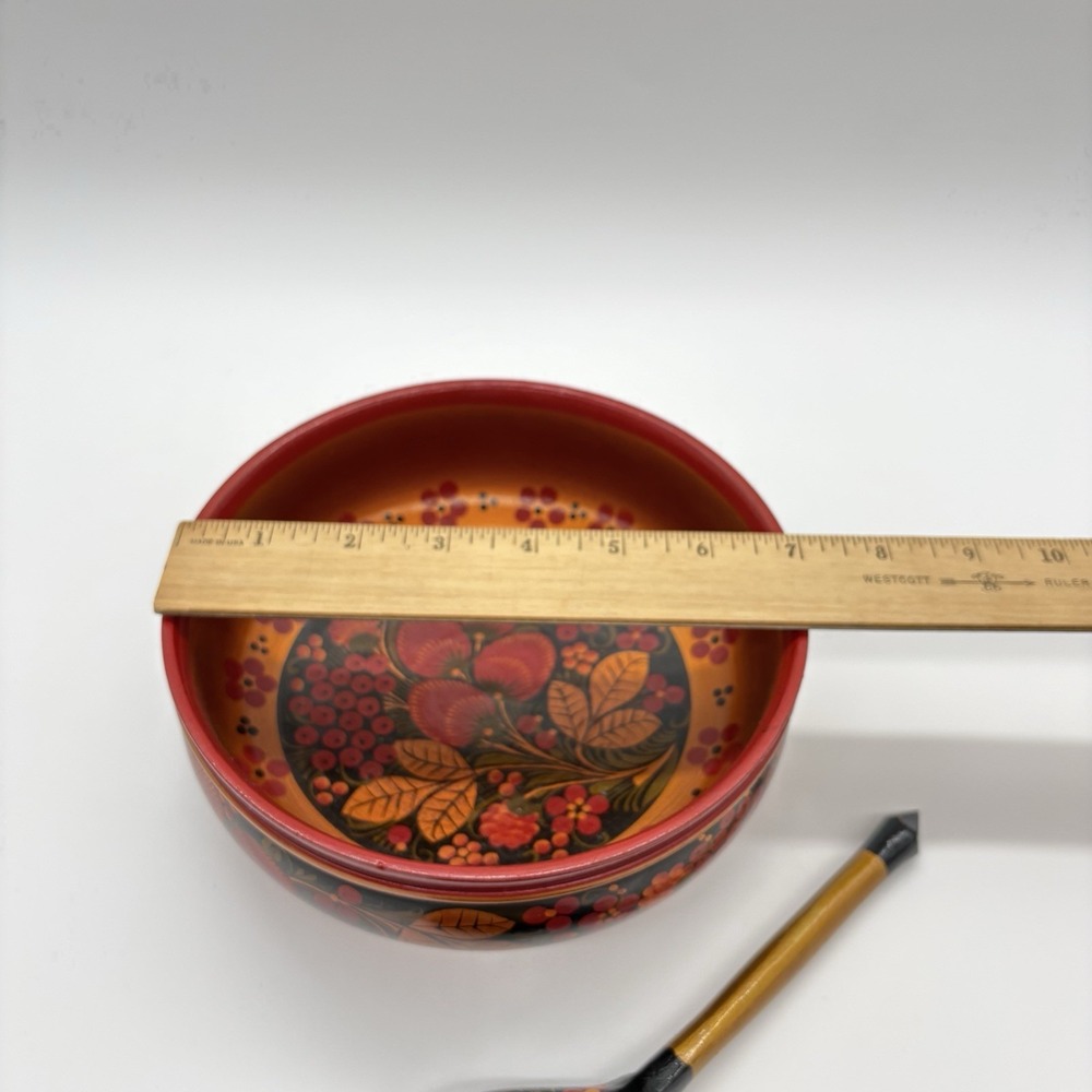 Russian Art Khokhloma Wooden Bowl Matching Spoon Traditional Floral Berry Design - Picture 15 of 16